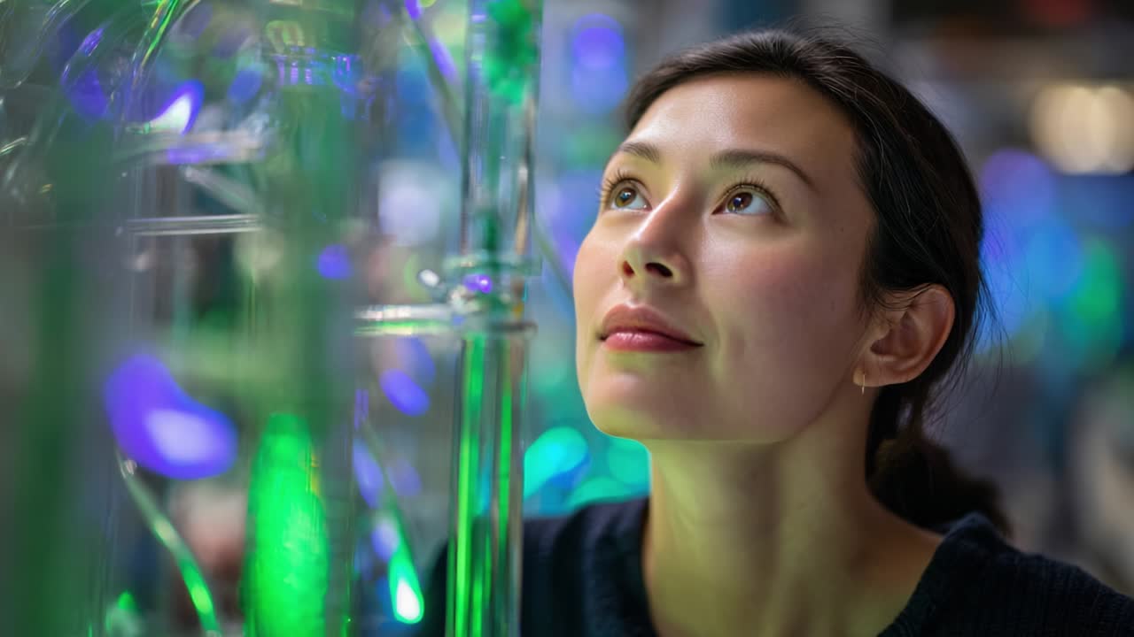 Captivating Glress: A Young Woman's Fascination with Innovative Lighting Displays and the Play of Colors in a Vibrant Environment, Exploring Artistic Installations and Modern Design Elements