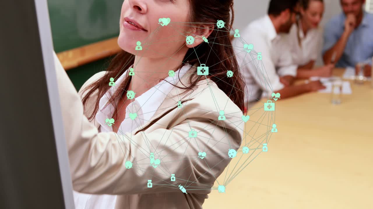 Globe of digital icons over portrait of caucasian woman writing on whiteboard at office