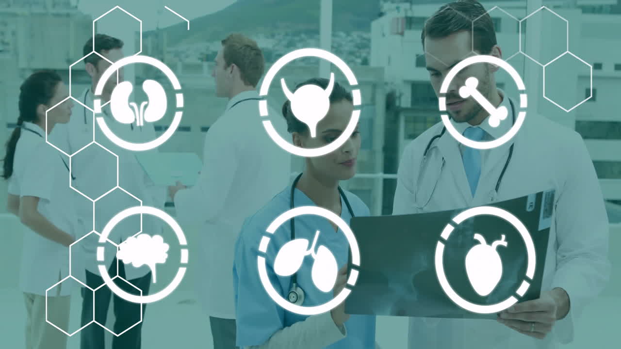 Nurse in blue scrubs and doctor examining X-ray film on rooftop displaying hexagon healthcare icons