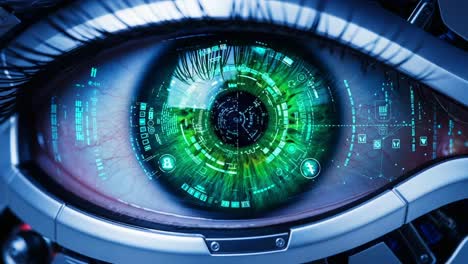 a close-up view of a futuristic robotic eye, showcasing advanced technology and digital visualization in a high-tech environment