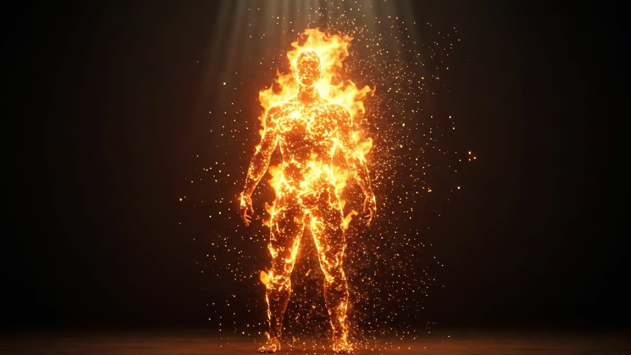 A striking, fiery figure emerges dramatically from the shadows, showcasing captivating visual effects created at a renowned creative studio