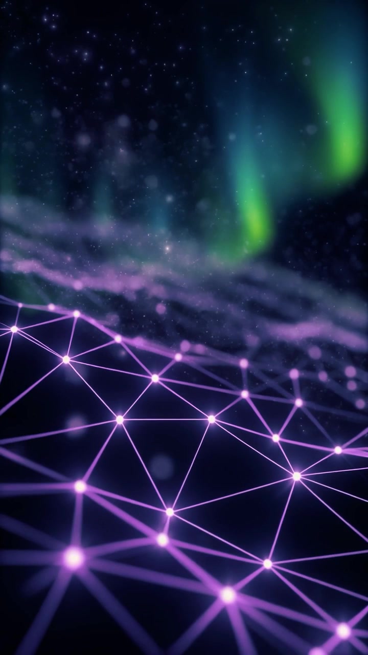 Griglia di rete digitale astratta con sfondo di aurora boreale luminosa