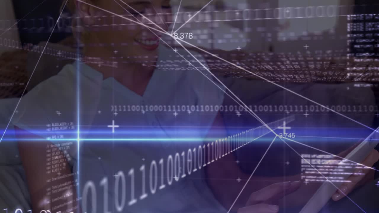 Animation of binary code over happy caucasian woman using tablet