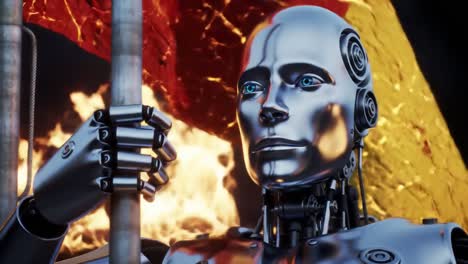 a futuristic robot holding a flag amidst flames, symbolizing resilience, power, and the dawn of a new era in technology and humanity