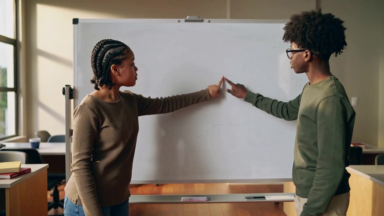 Pointing female in brown sweater leading male in green top at whiteboard, agreeing with highfive