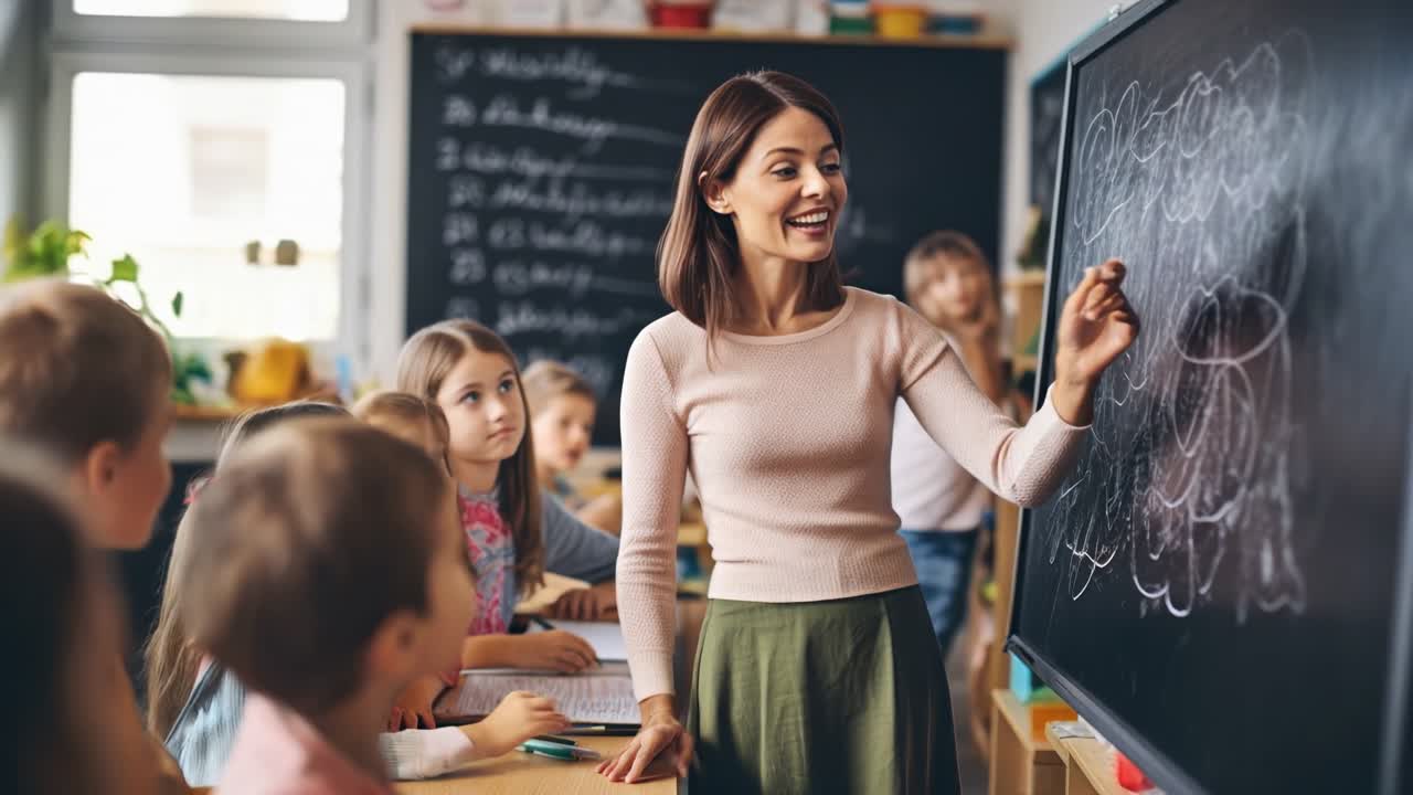 A warm, engaging classroom scene with a teacher at a chalkboard, captured from a side angle