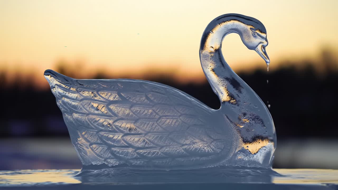 A Beautiful Ice Sculpture of a Majestic Swan Captured at Sunset, Showcasing Intricate Details and the Glittering Glow of the Evening Light