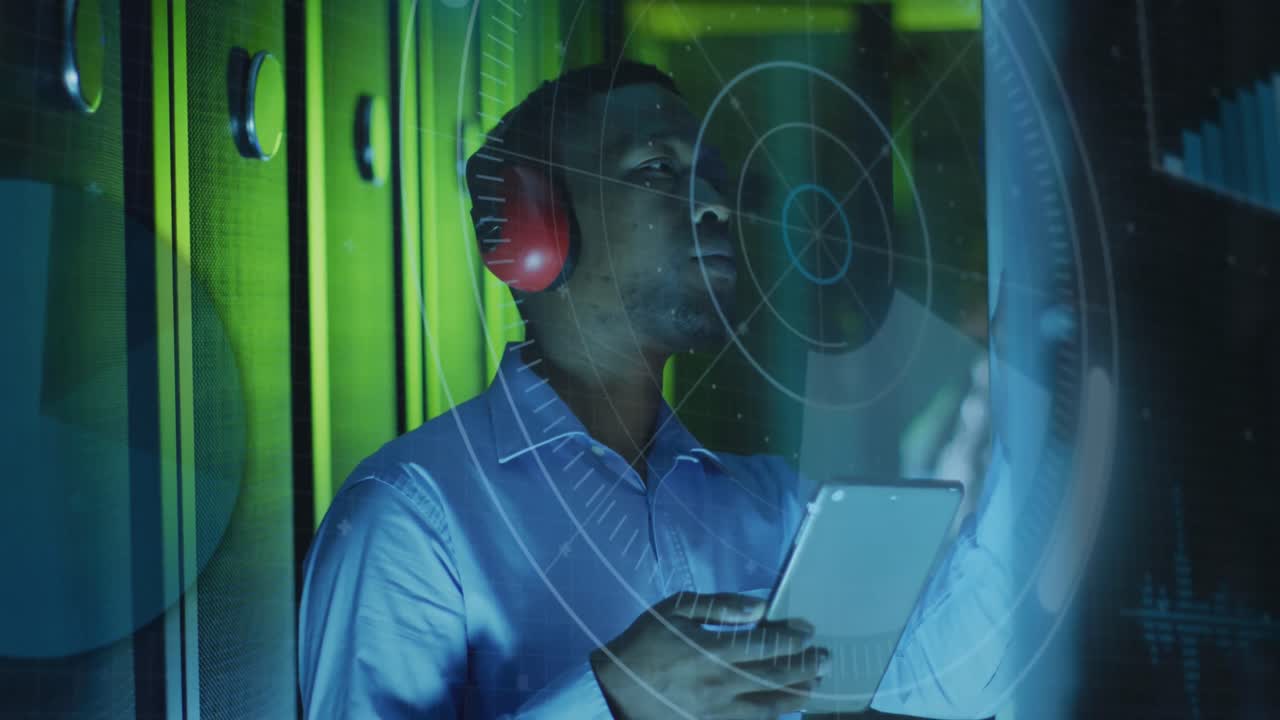 Animation of data processing over african american male it engineer and computer servers