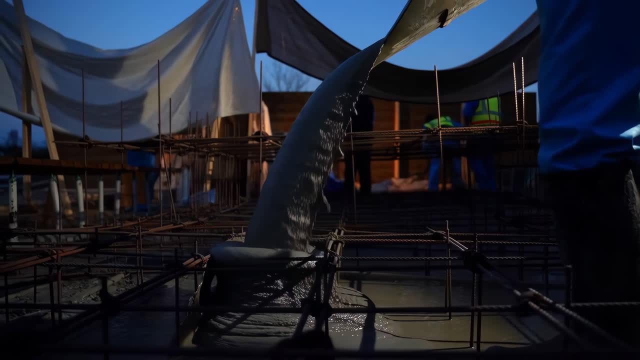 Workers pour concrete into a building foundation at dusk