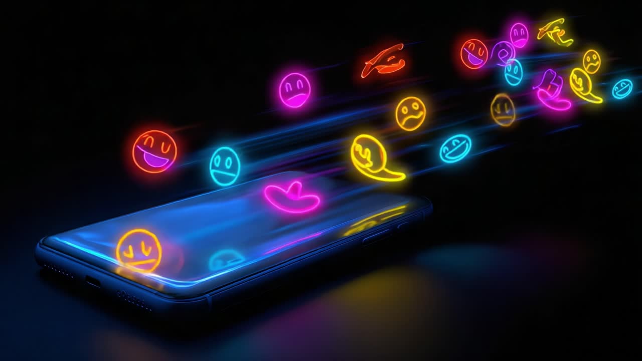 A vibrant display of animated emojis streaming from a mobile phone, illustrating the dynamic and colorful nature of digital communication and social interaction in today's technology-driven world