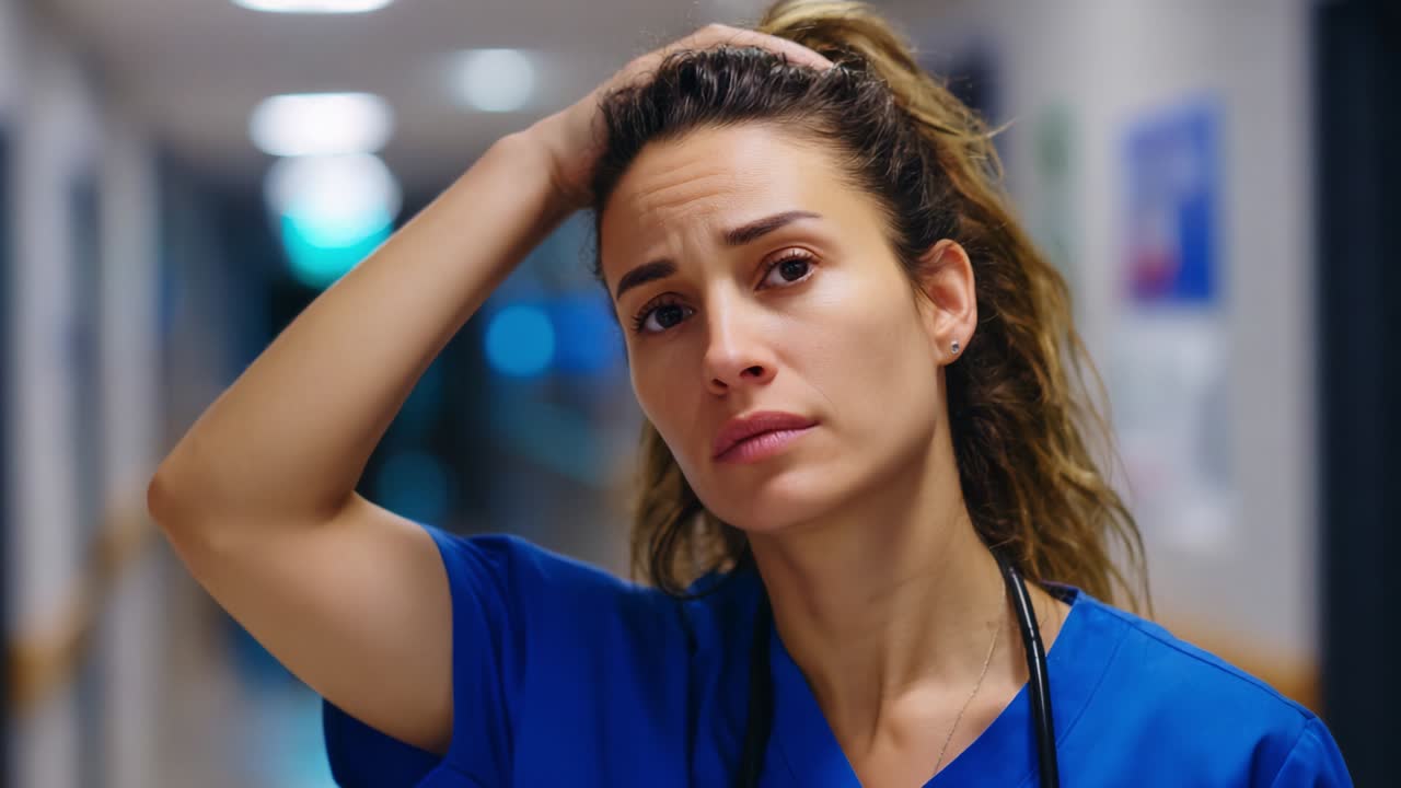Infermiera commossa che riflette nel corridoio dell'ospedale, alle prese con sfide difficili e problemi personali mentre fornisce assistenza e supporto ai pazienti in un ambiente ad alta pressione