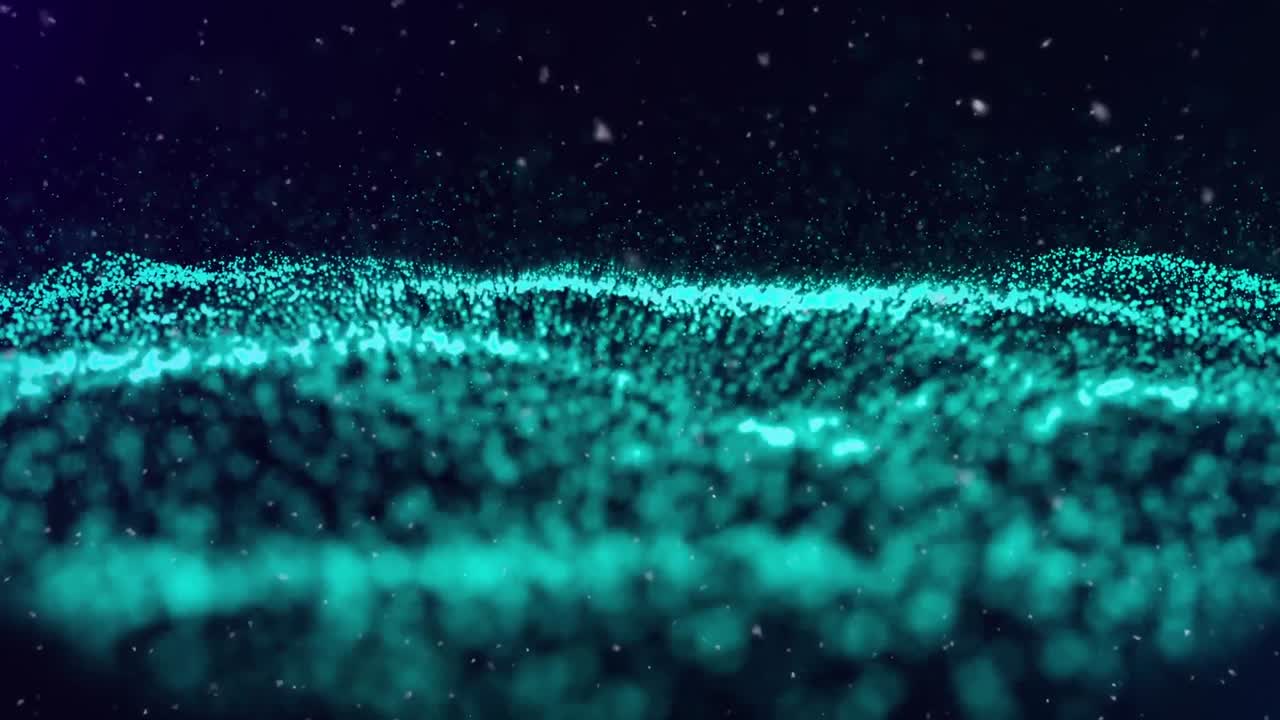 animación de copos de nieve blancos que caen sobre un paisaje ondulado de partículas azules contorneadas