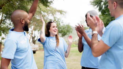 people, high five and diversity for volunteer