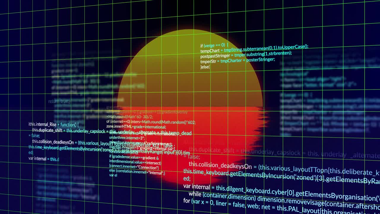 Red circle emerging initiating orb glowing orange while code scrolling over grid illustrating UI