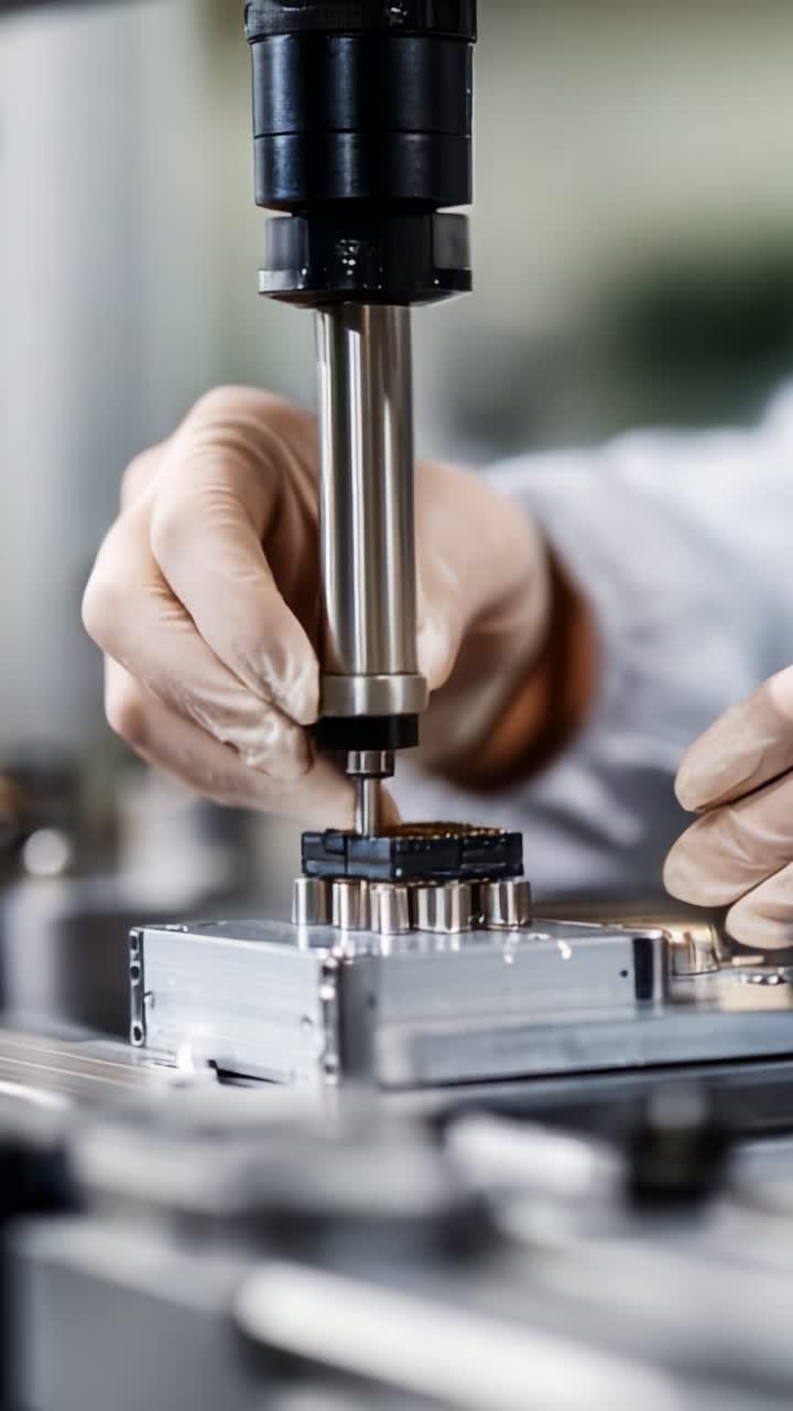 Precision Engineering Process: Worker Using Automated Machine to Apply Coating on Component in High-Tech Manufacturing Environment for Quality Control