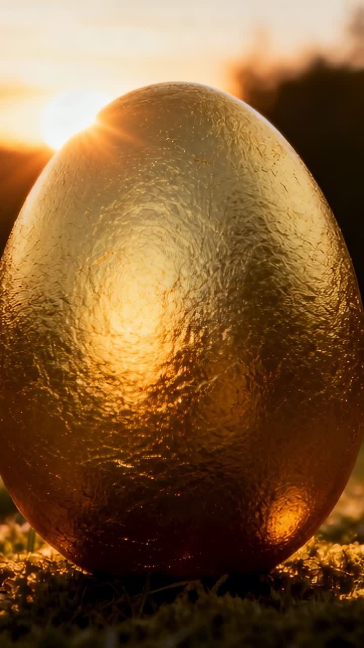 Golden egg sitting on moss while sun rising, highlights shifting, camera tightening for marketing
