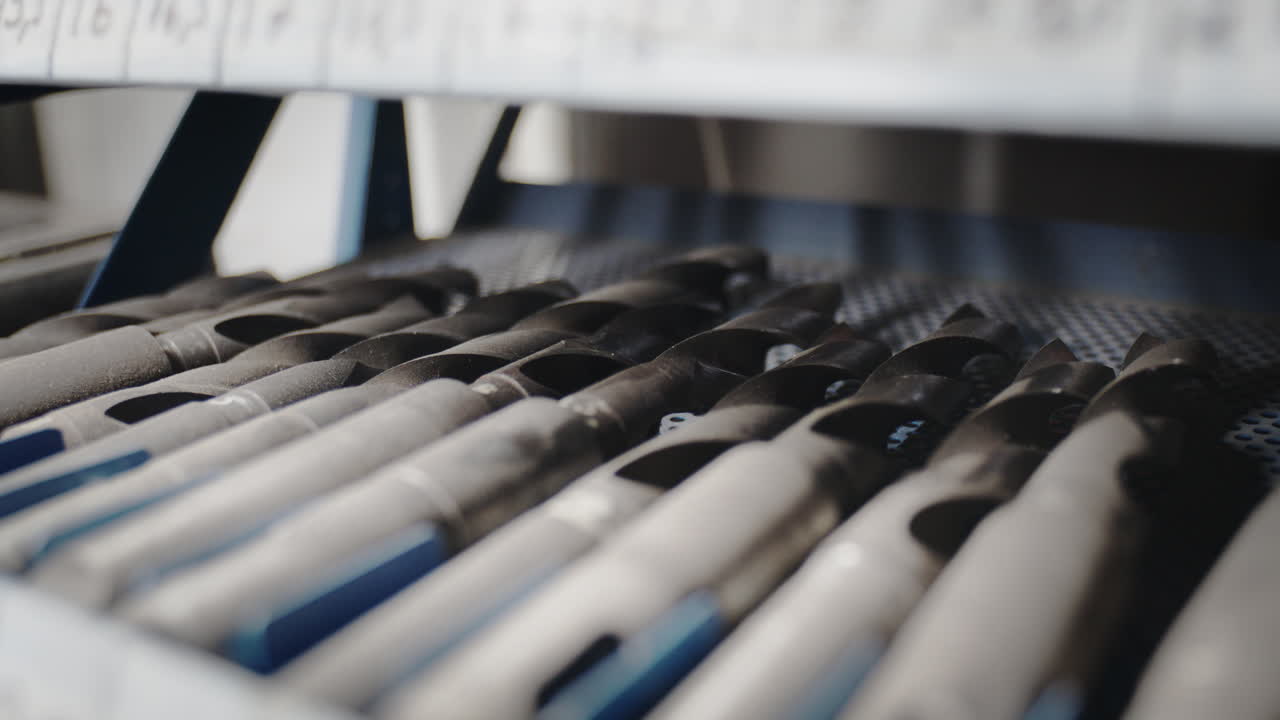 Close up shot a row of large industrial drill bits stored on a shelf in a factory