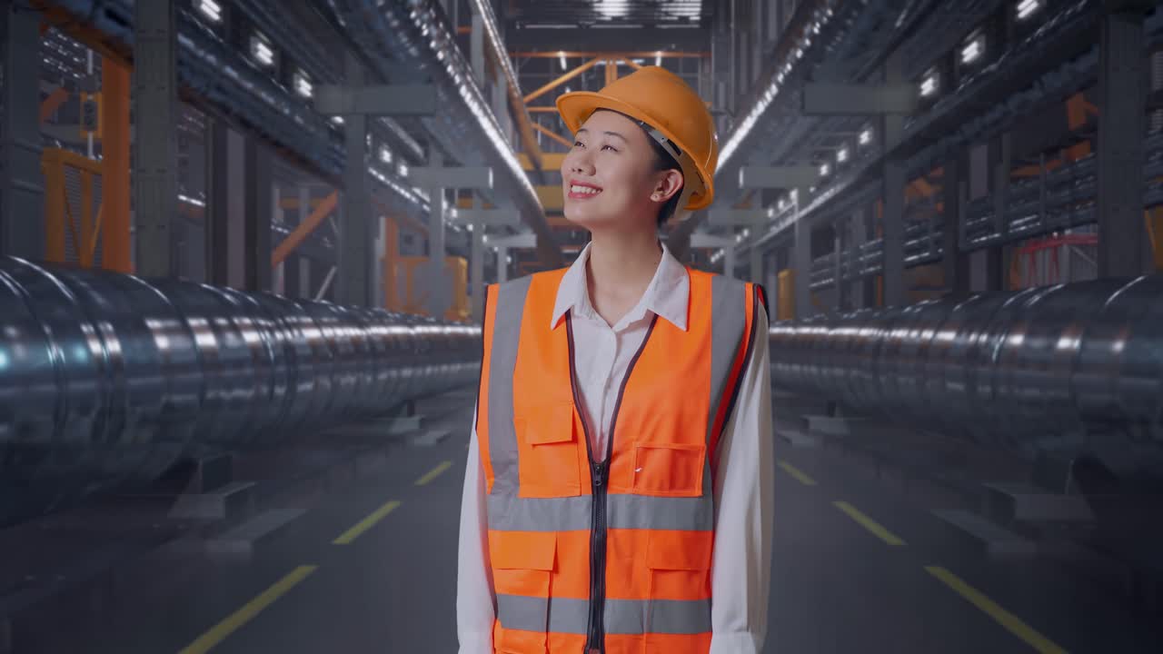 Asian Female Engineer With Safety Helmet Looking Around While Standing With Metal Pipes