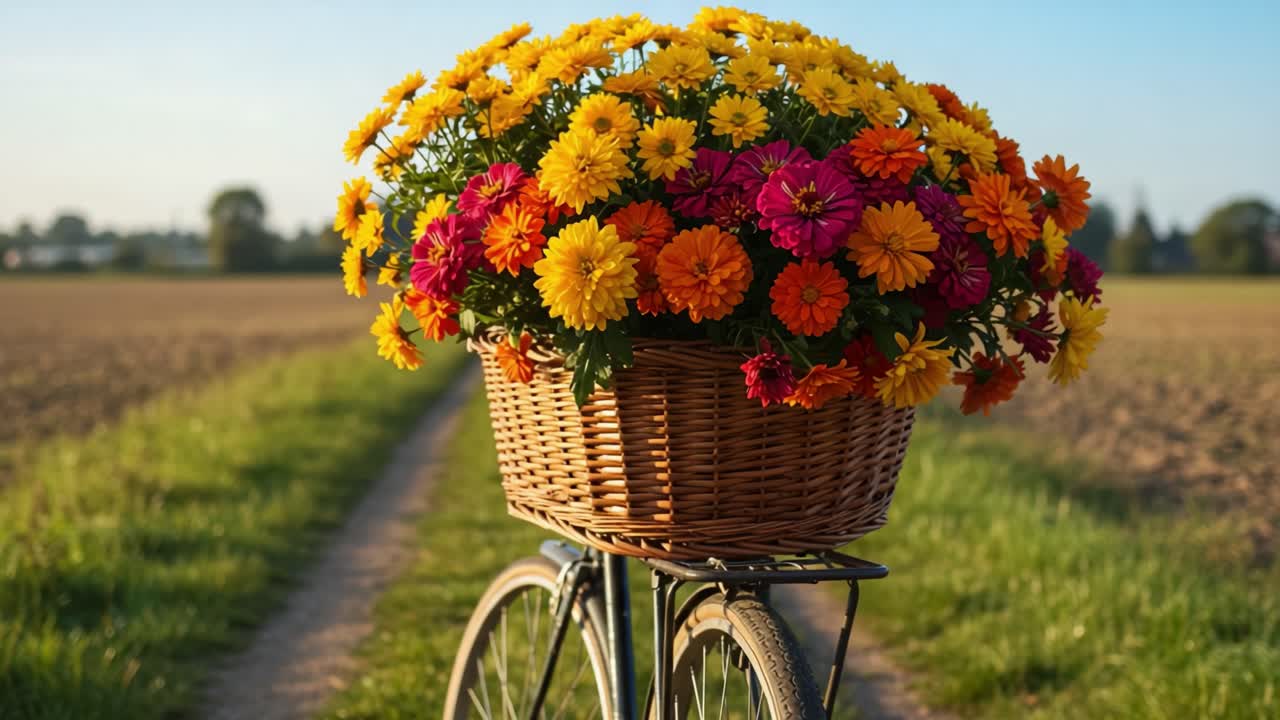 A Beautiful Bicycle Surrounded by Vibrant Flowers Along a Scenic Country Path, Showcasing the Joy of Nature and Outdoor Exploration