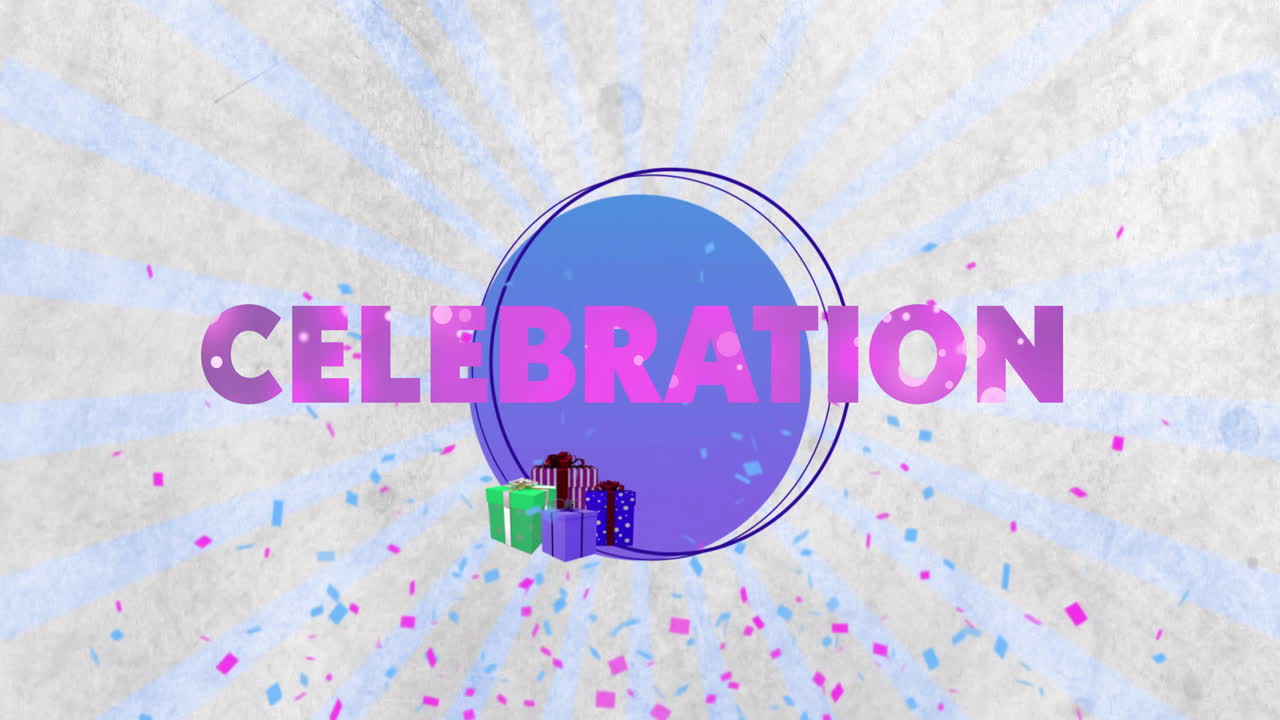 Celebration text animation with confetti and gift boxes on colorful background