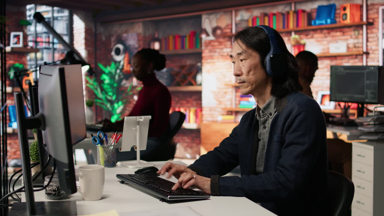 스타트업 오피스 기술 책임자가 애플리케이션을 코딩하는 동안 음악을 듣고 있습니다.