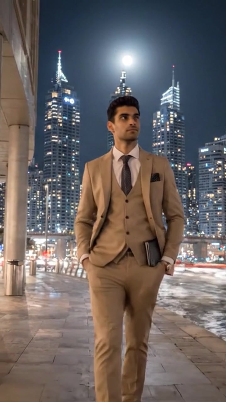 Un uomo elegante in abito beige passeggia lungo un lungomare cittadino di notte con splendidi grattacieli illuminati dal chiaro di luna sullo sfondo.
