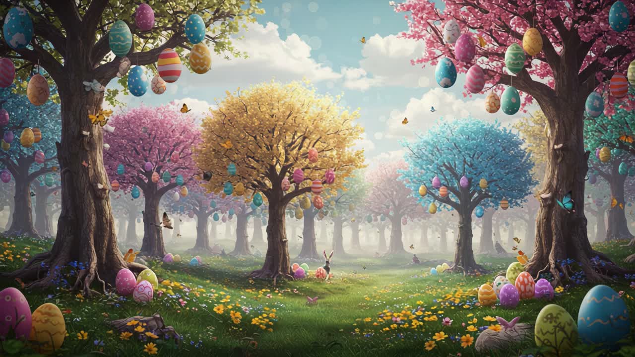 A vibrant spring meadow filled with colorful Easter eggs hanging from blossoming trees, featuring lively flowers and lush greenery under a bright blue sky