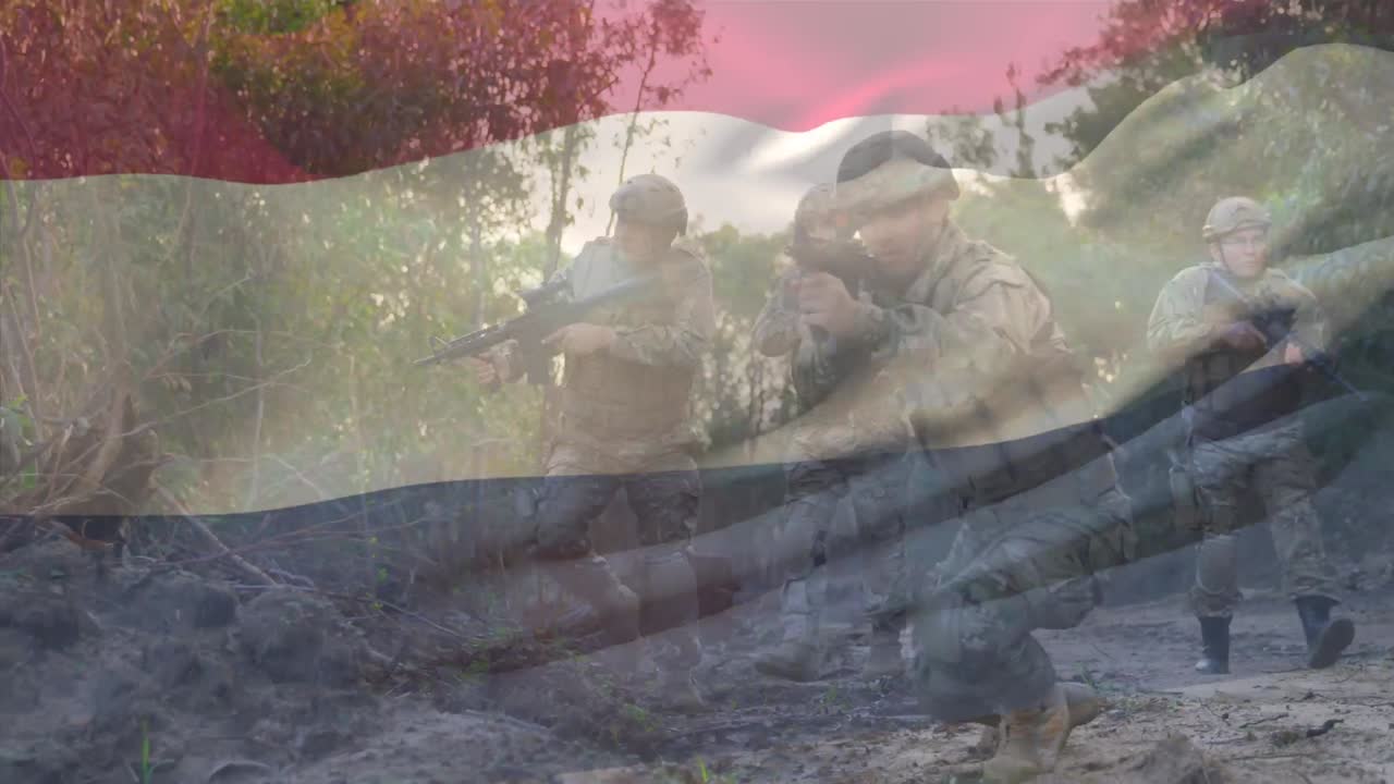 Animation of flag of netherlands over diverse soldiers with armour
