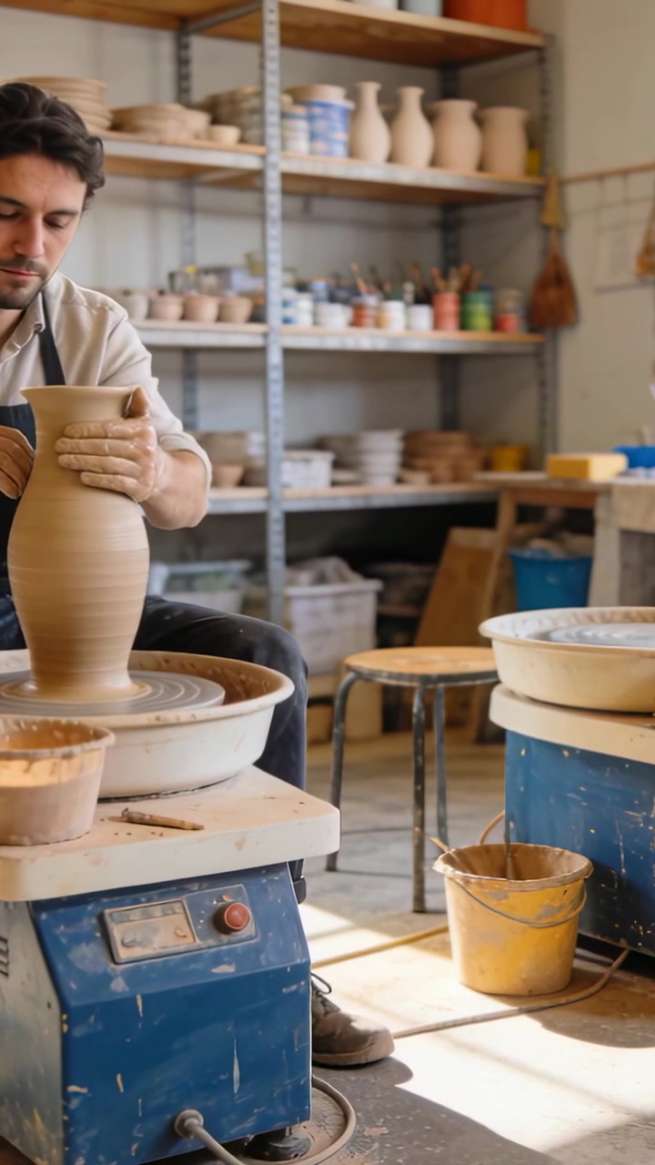 Vertical video: Spinning wheel, aproned man shaping vase in shop, wetting hands, checking symmetry