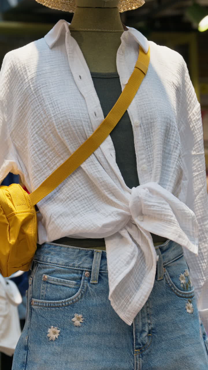 Clothes presented on mannequins in a clothing store. Vertical