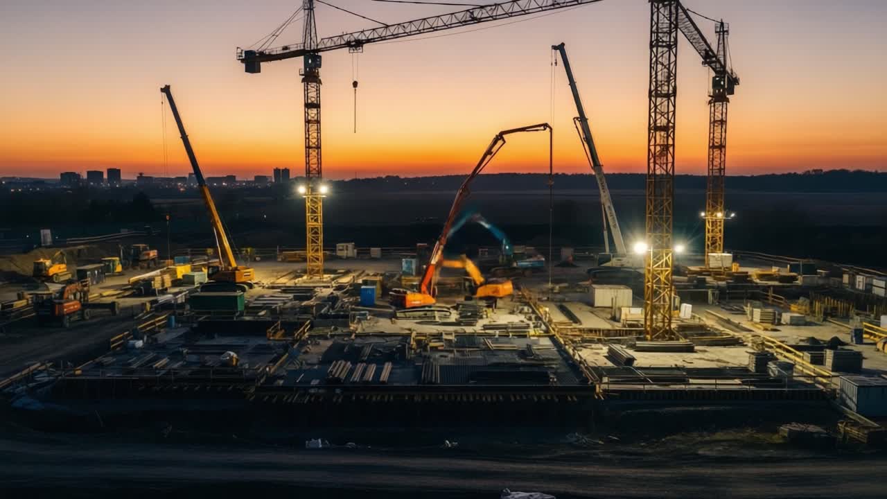 Night View of an Active Construction Site with Cranes and Heavy Machinery