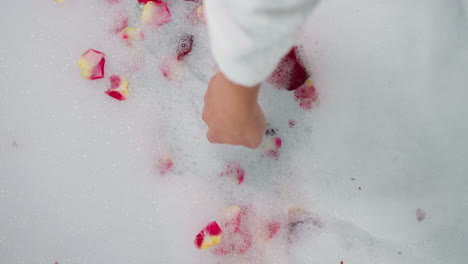 woman touches foam with rose petals closeup. lady prepares relaxation procedure in romantic atmosphere to celebrate valentine day. celebration idea