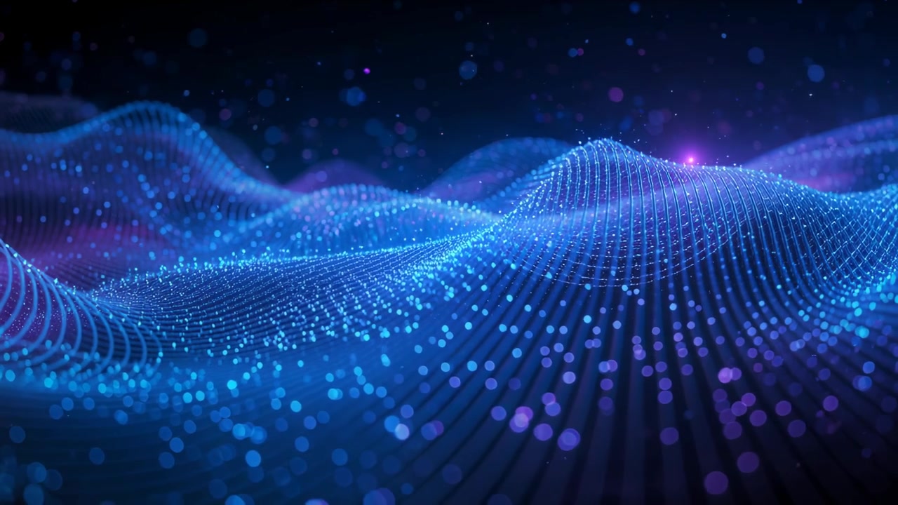 Upon playback sweeping particle mesh rippling across dark void, purple flare highlighting nodes