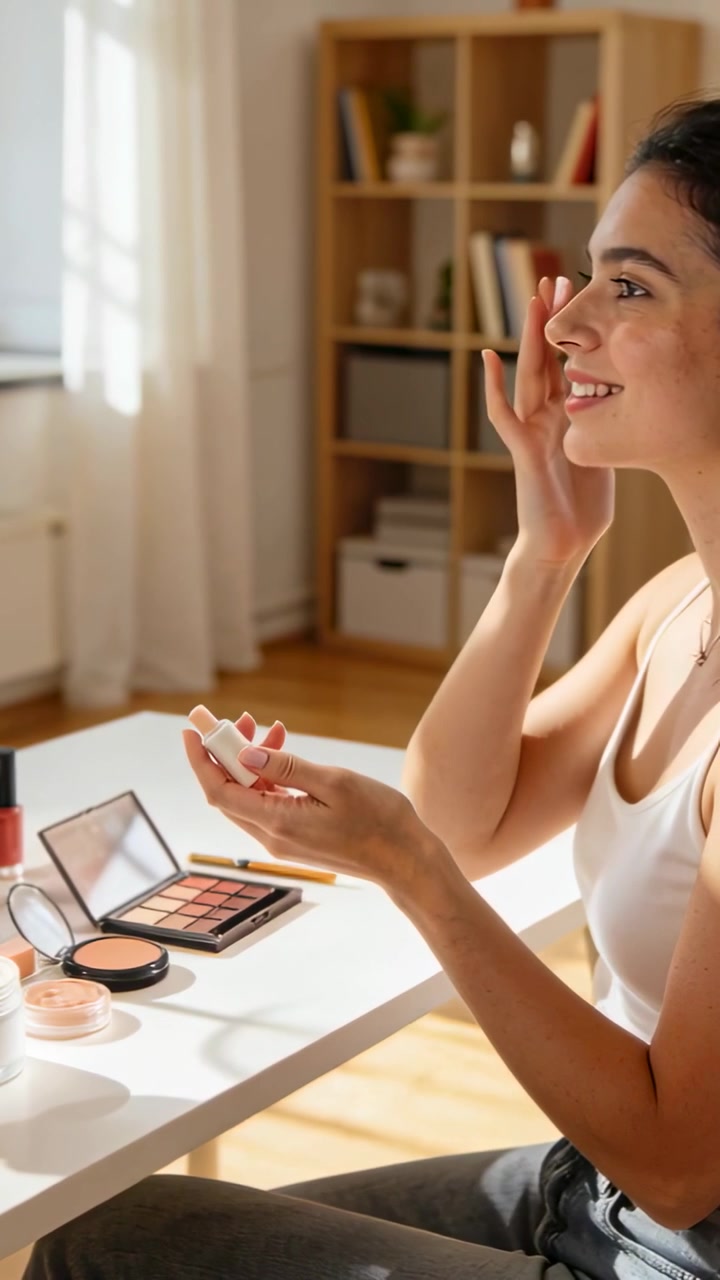 Vertical video: Opening compact, woman dabbing puff on cheek and blending near window for makeup