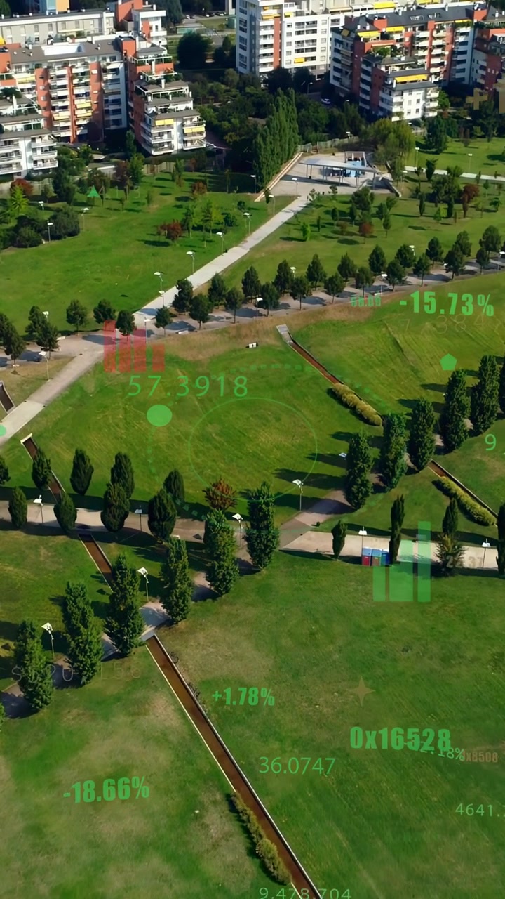Vertical video: Drone descending, panning city park revealing turf while HUD sliding to show data