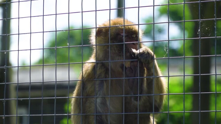 cute little monkey relaxing by the fence holding on to it looking in a camera and away feeling down thinking about life deep thoughts slow motion documentary