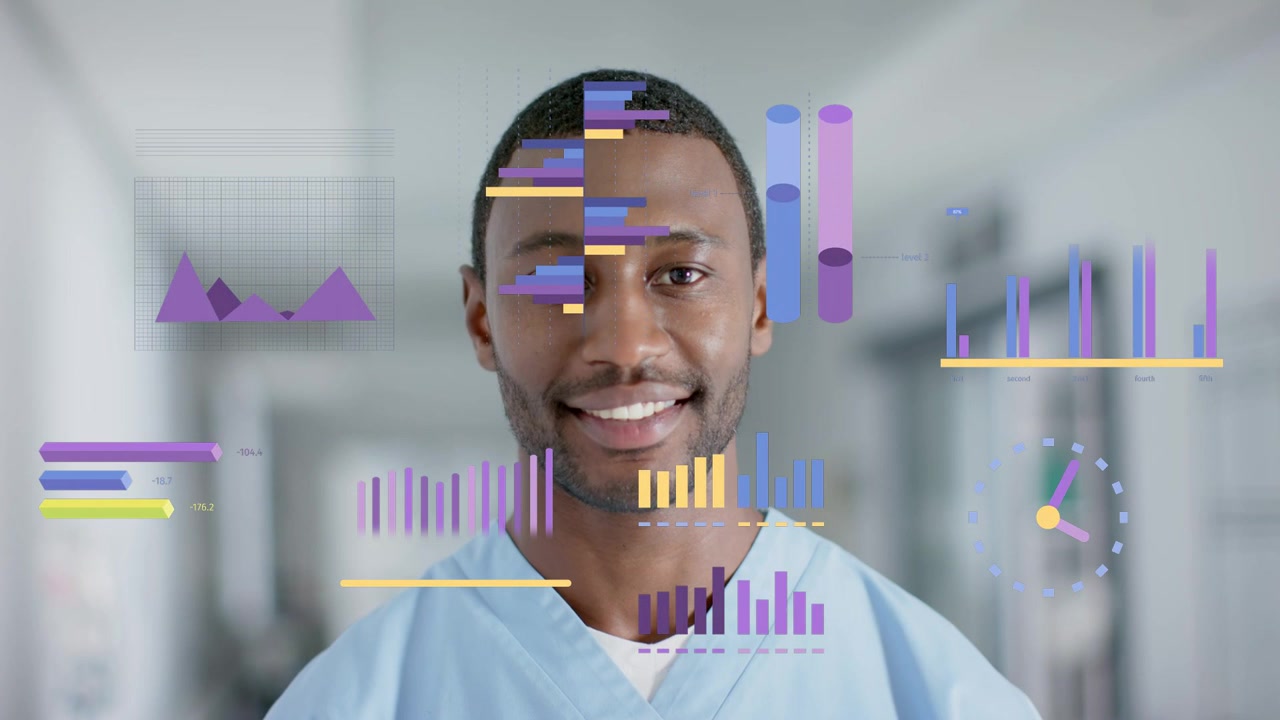 Medic standing hospital corridor, charts sliding bars rising over chest showing health data smiling