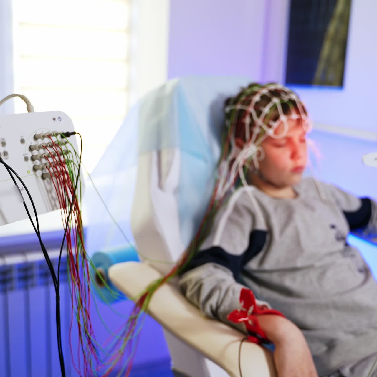 Electroencephalographic examination of a child in hospital. Boy sits in chair with attached sensors and light flashing on kid's face