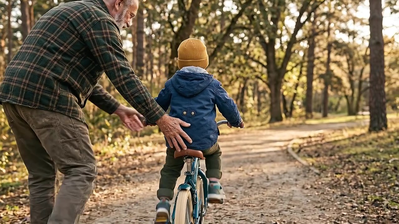 Genitore che supporta il bambino mentre impara ad andare in bicicletta