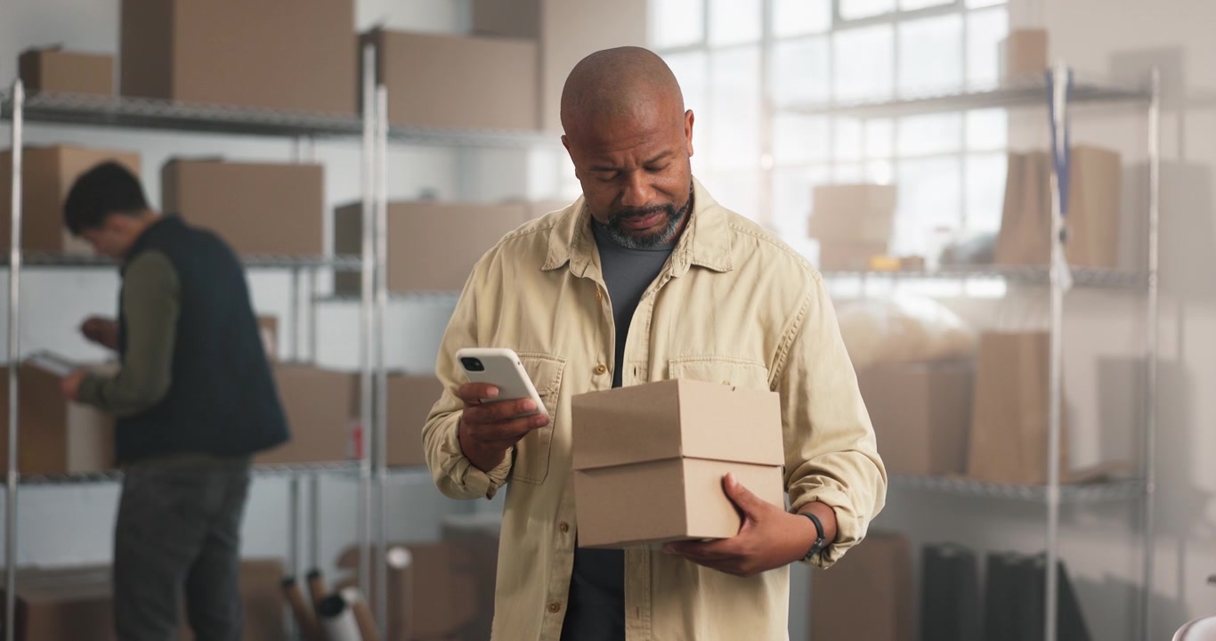 Warehouse Worker Checking Package Details on Smartphone