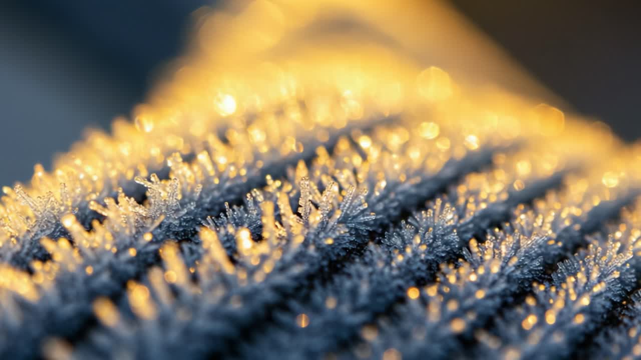 Captivating Close-up Views of Frost-Kissed Texture Revealing Crystal-Like Patterns with a Beautiful Golden Glow in the Background during a Serene Winter Morning