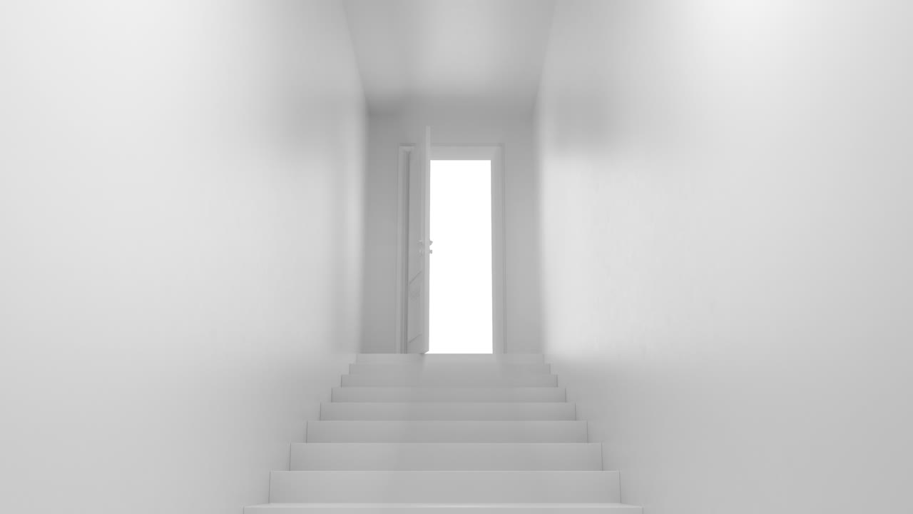 복도에 계단이 있는 열린 문의 빛