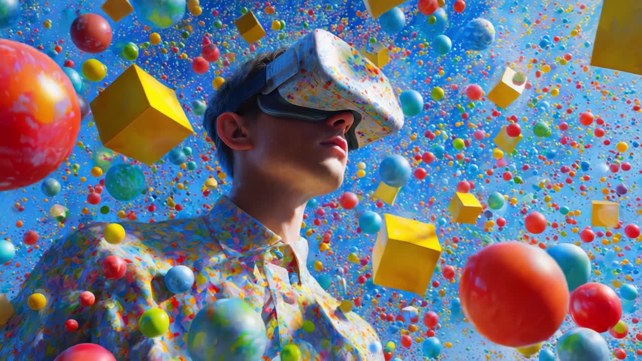 Exploring the Boundaries of Virtual Reality: A Young Man Immersed in a Colorful World of Floating Shapes and Entities, Capturing the Essence of Modern Digital Experiences