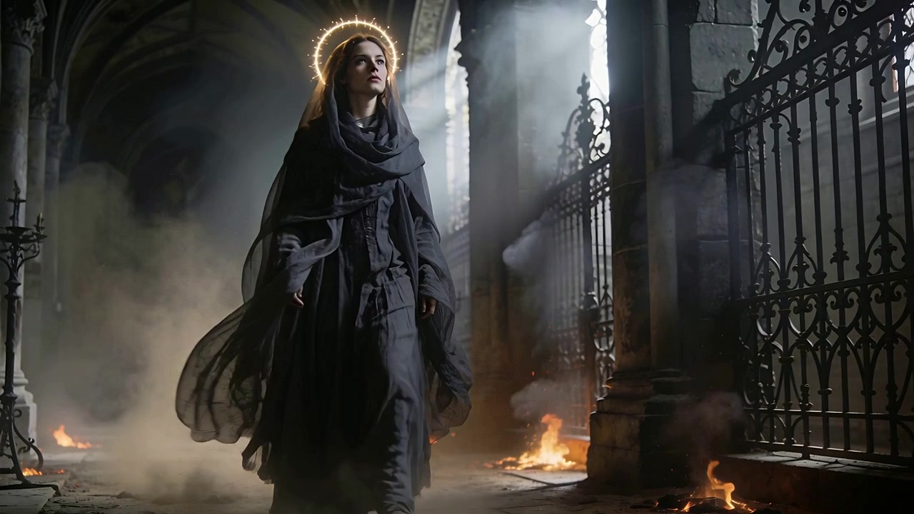 Una donna solitaria in abito che cammina lungo la navata di una cattedrale, eseguendo un rituale, con un alone luminoso e fuochi che covano.