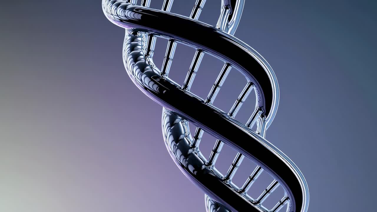 Primo piano, vista dal basso di una doppia elica del DNA, che mette in mostra dettagli intricati.