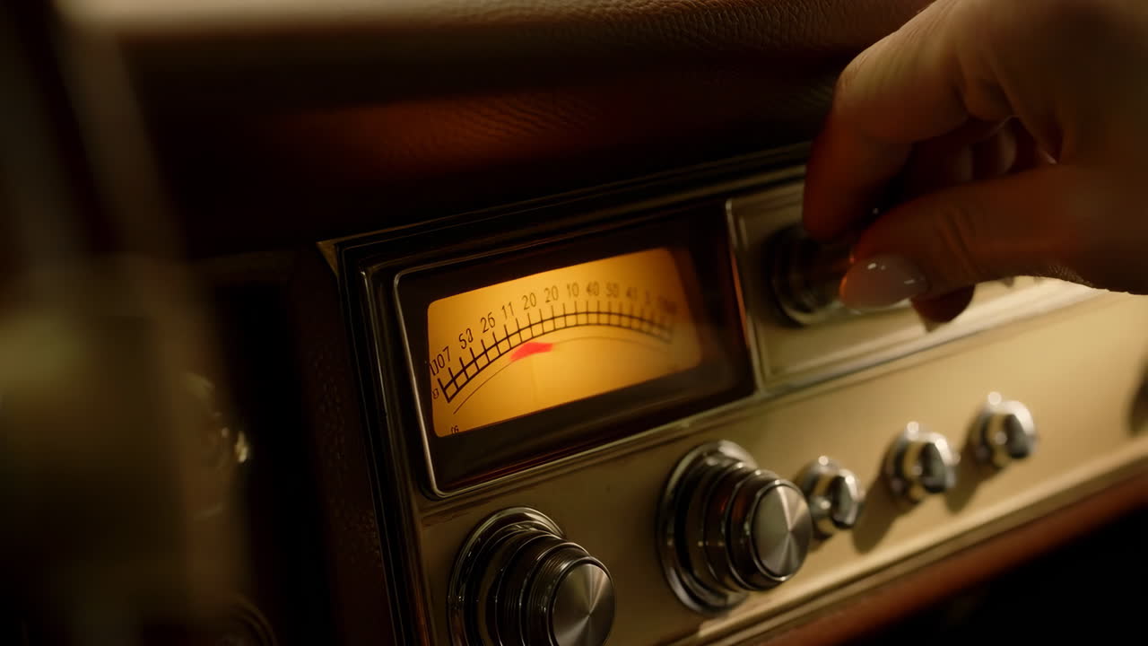 Close-up of a Hand Adjusting a Vintage Car Radio Dial