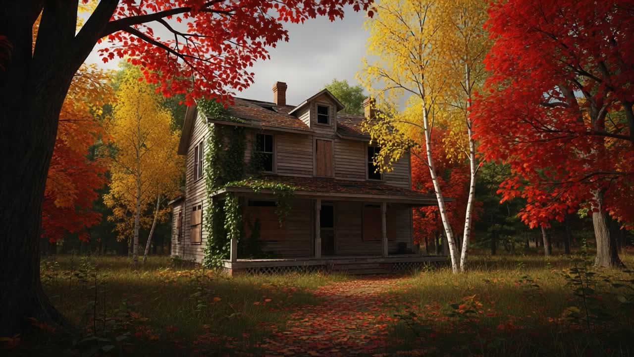 A Serene Autumn Scene Featuring an Abandoned House Surrounded by Vibrant Fall Foliage, Capturing the Essence of Nature in Transition