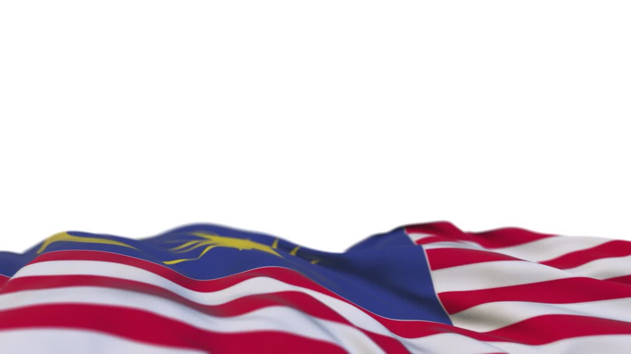 Malaysia fabric flag waving on the wind loop. Malaysian embroidery stitched cloth banner swaying on the breeze. Half-filled white background. Place for text. 20 seconds loop.