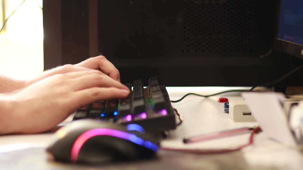 지저분한 컴퓨터 책상에서 rgb 키보드와 상호 작용하는 남자 손의 측면 사진