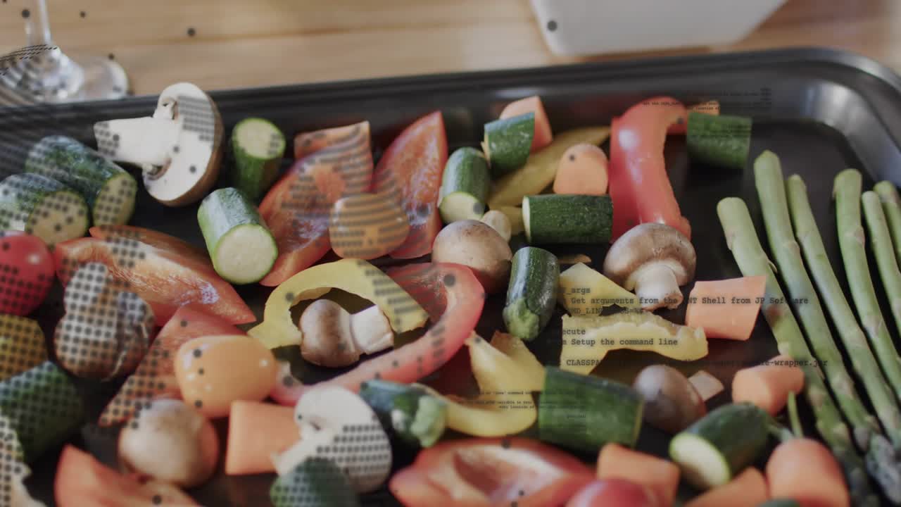 La telecamera si muove su un vassoio rivelando verdure, mentre una sovrapposizione a punti si sposta per lo styling del cibo.